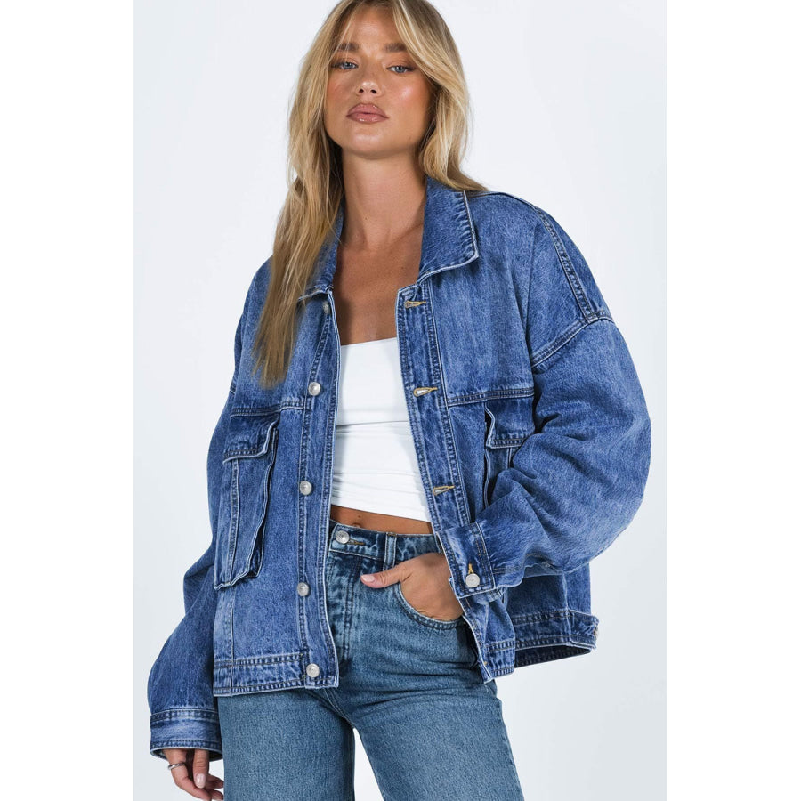 Collared Neck Button Up Denim Jacket Apparel and Accessories