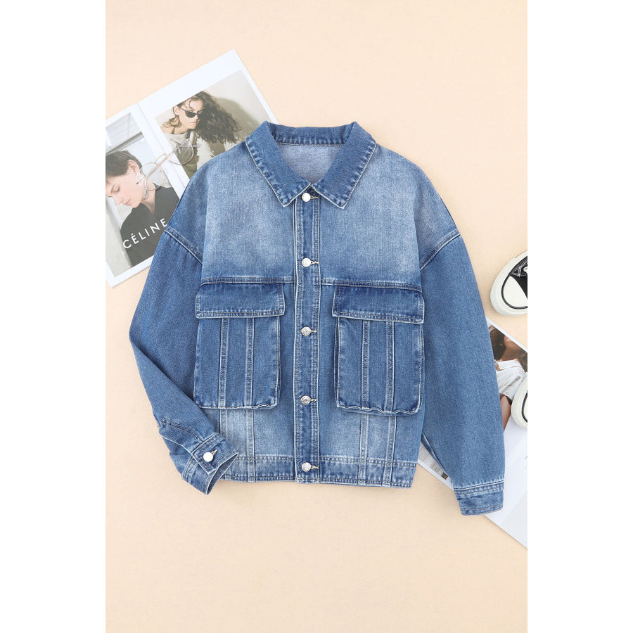 Collared Neck Button Up Denim Jacket Apparel and Accessories