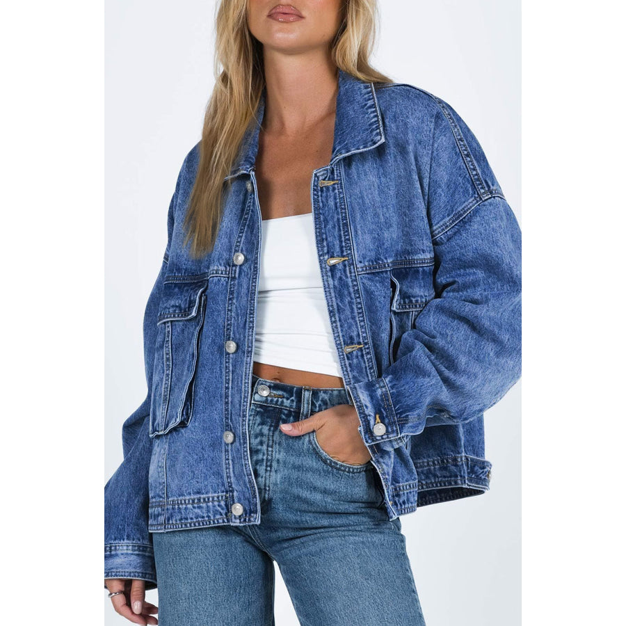 Collared Neck Button Up Denim Jacket Blue / S Apparel and Accessories