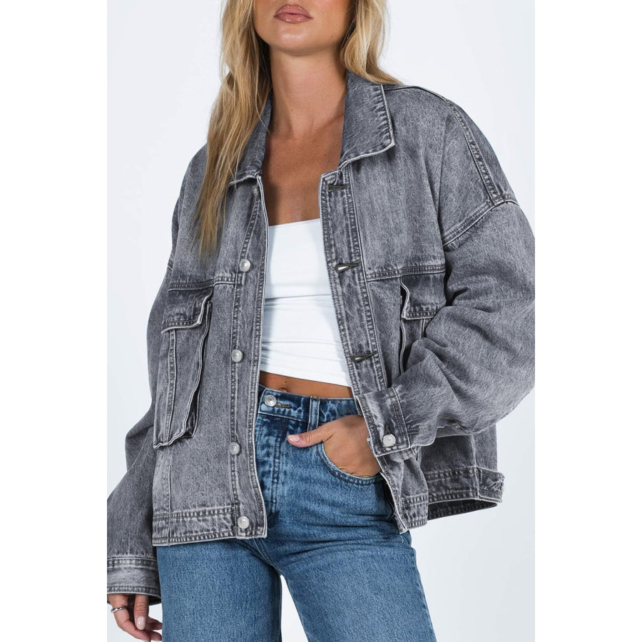 Collared Neck Button Up Denim Jacket Gray / S Apparel and Accessories