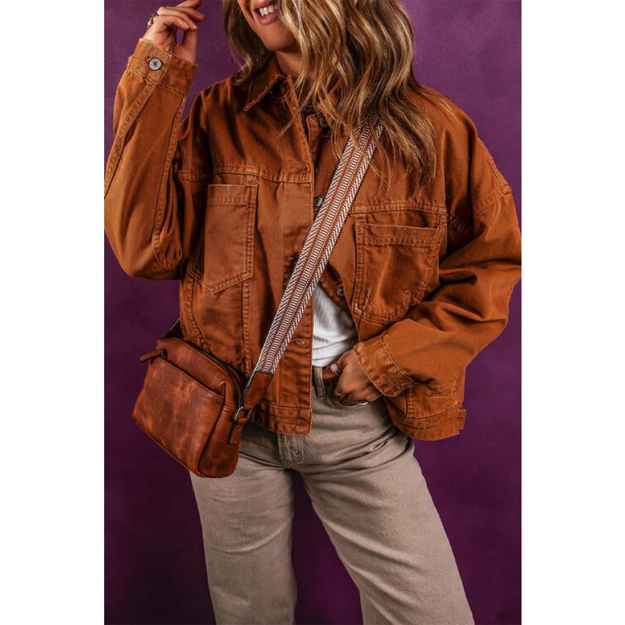 Collared Neck Button-Up Denim Jacket Ochre / S