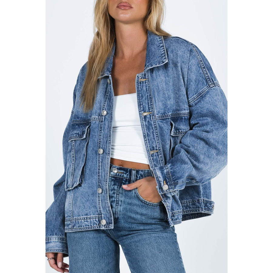 Collared Neck Button Up Denim Jacket Sky Blue / S Apparel and Accessories