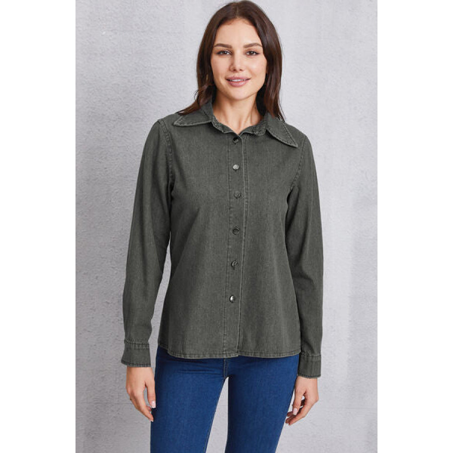 Collared Neck Button Up Denim Top Clothing