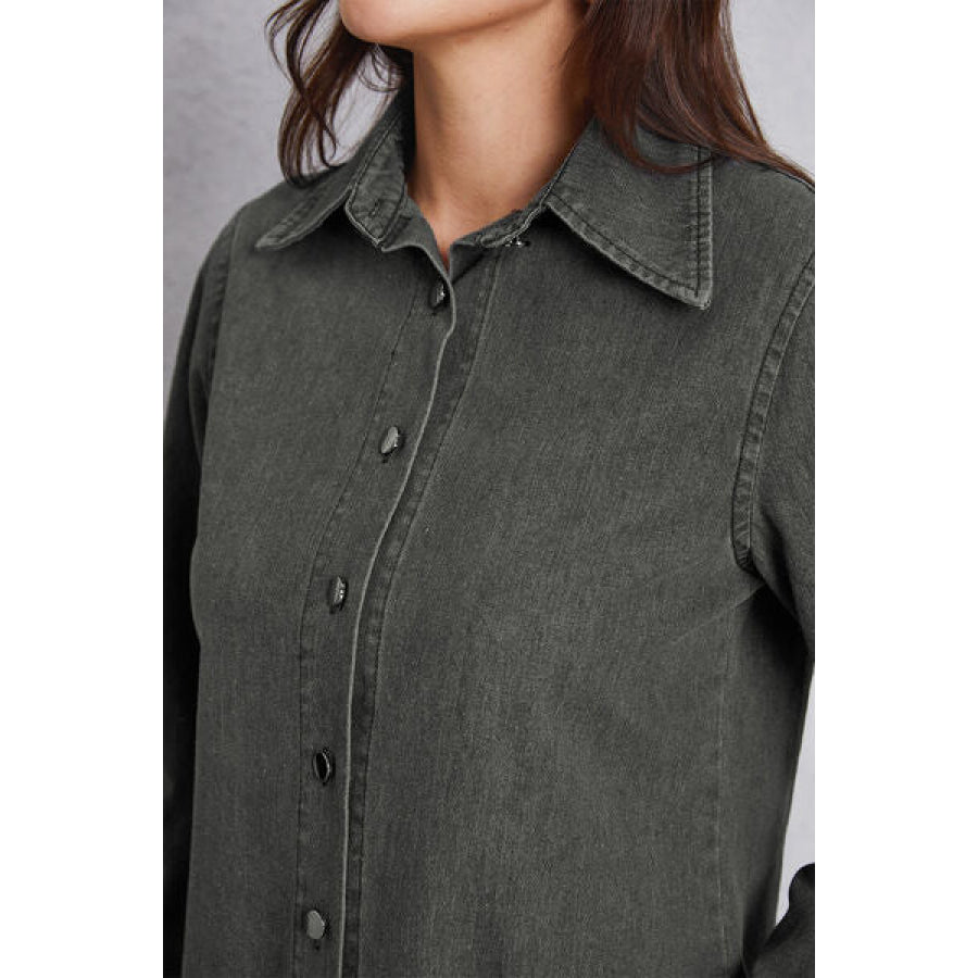 Collared Neck Button Up Denim Top Clothing