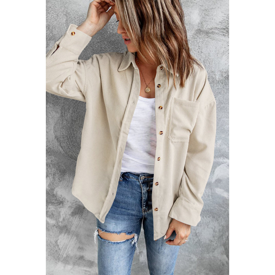 Collared Neck Button Up Dropped Shoulder Shacket Beige / S Apparel and Accessories