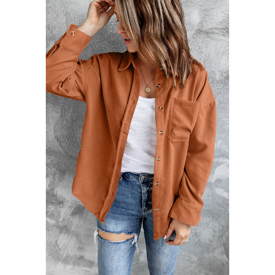 Collared Neck Button Up Dropped Shoulder Shacket Apparel and Accessories