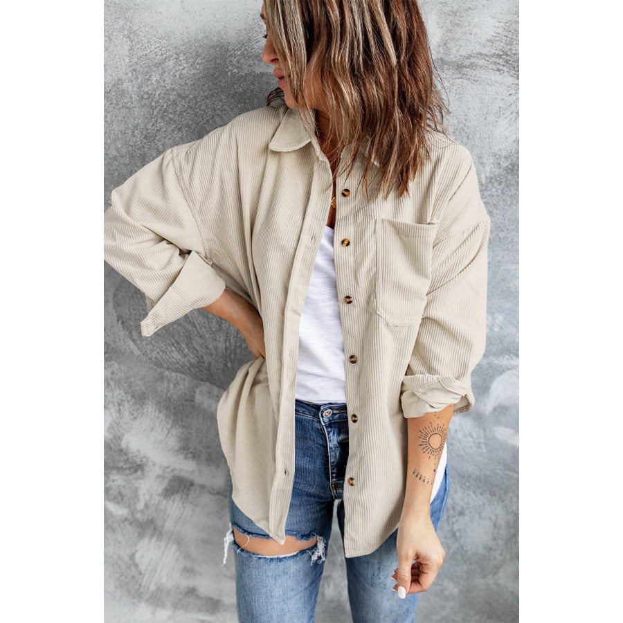 Collared Neck Button Up Dropped Shoulder Shacket Beige / S Apparel and Accessories