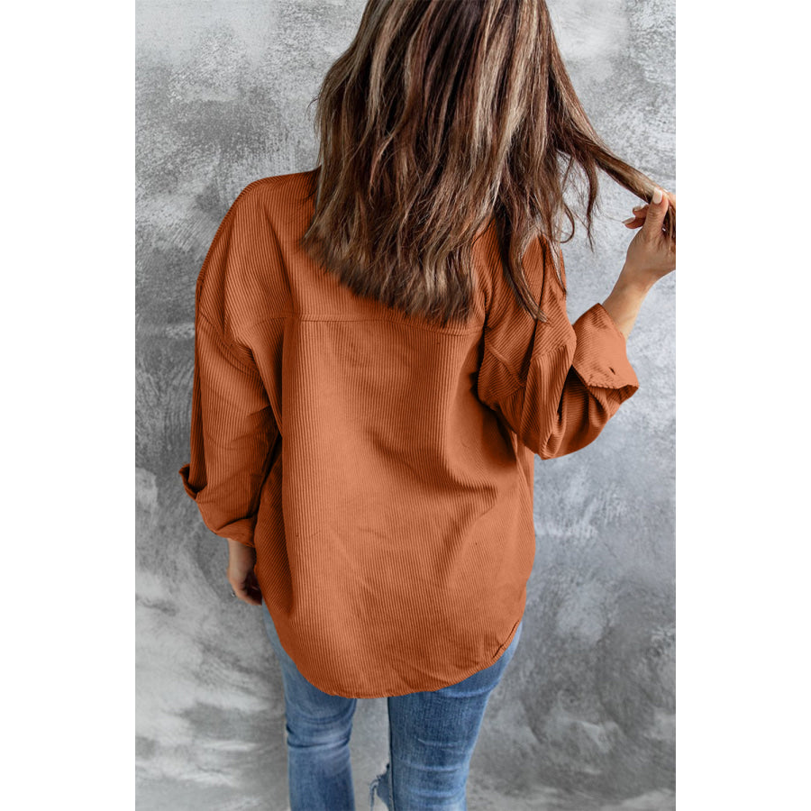 Collared Neck Button Up Dropped Shoulder Shacket Caramel / S Apparel and Accessories