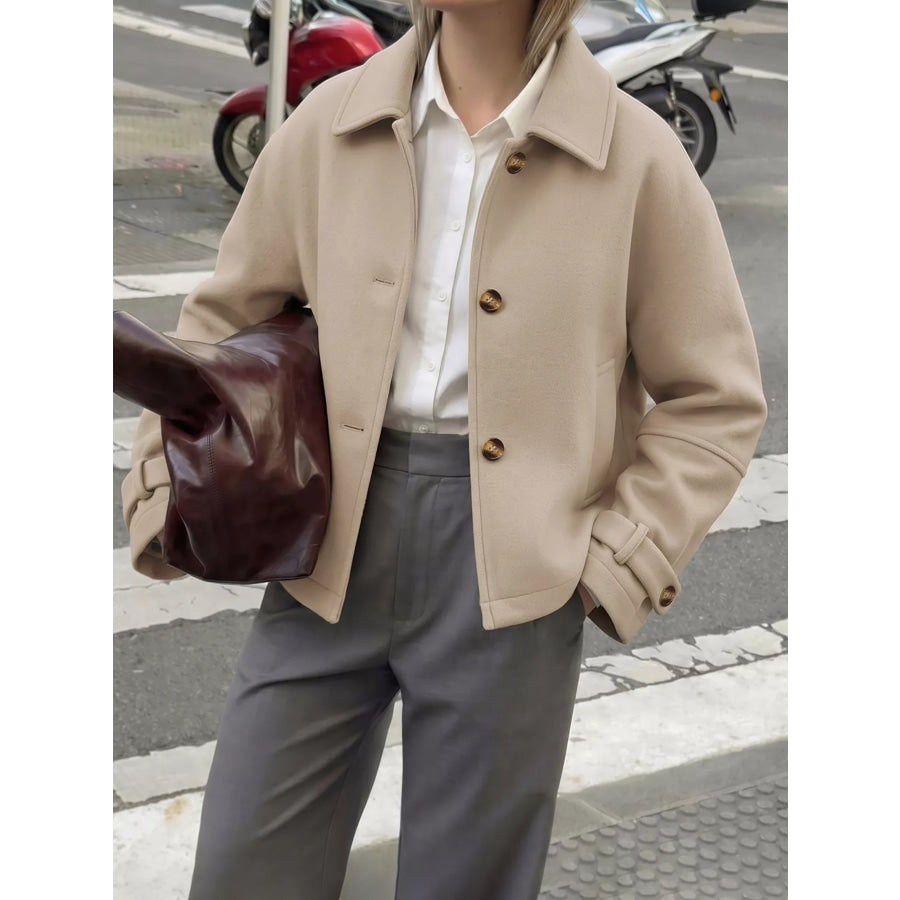 Collared Neck Button Up Jacket Khaki / S Apparel and Accessories