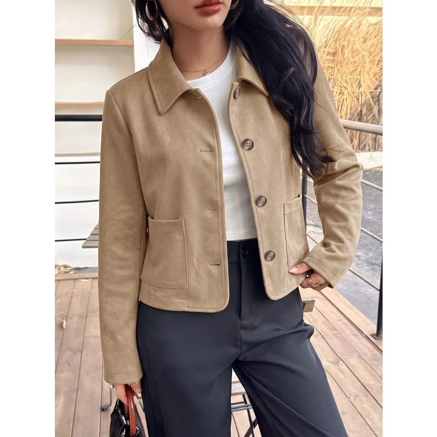 Collared Neck Button Up Jacket Khaki / S Apparel and Accessories