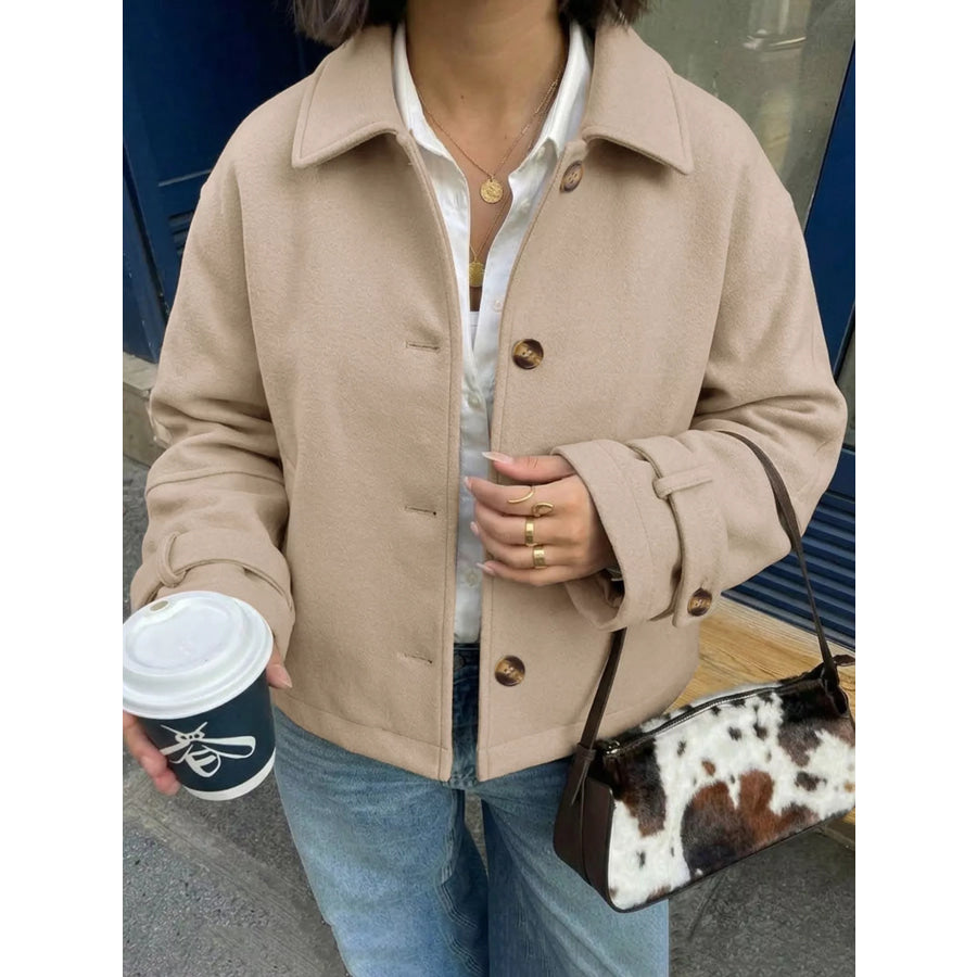 Collared Neck Button Up Jacket Khaki / S Apparel and Accessories