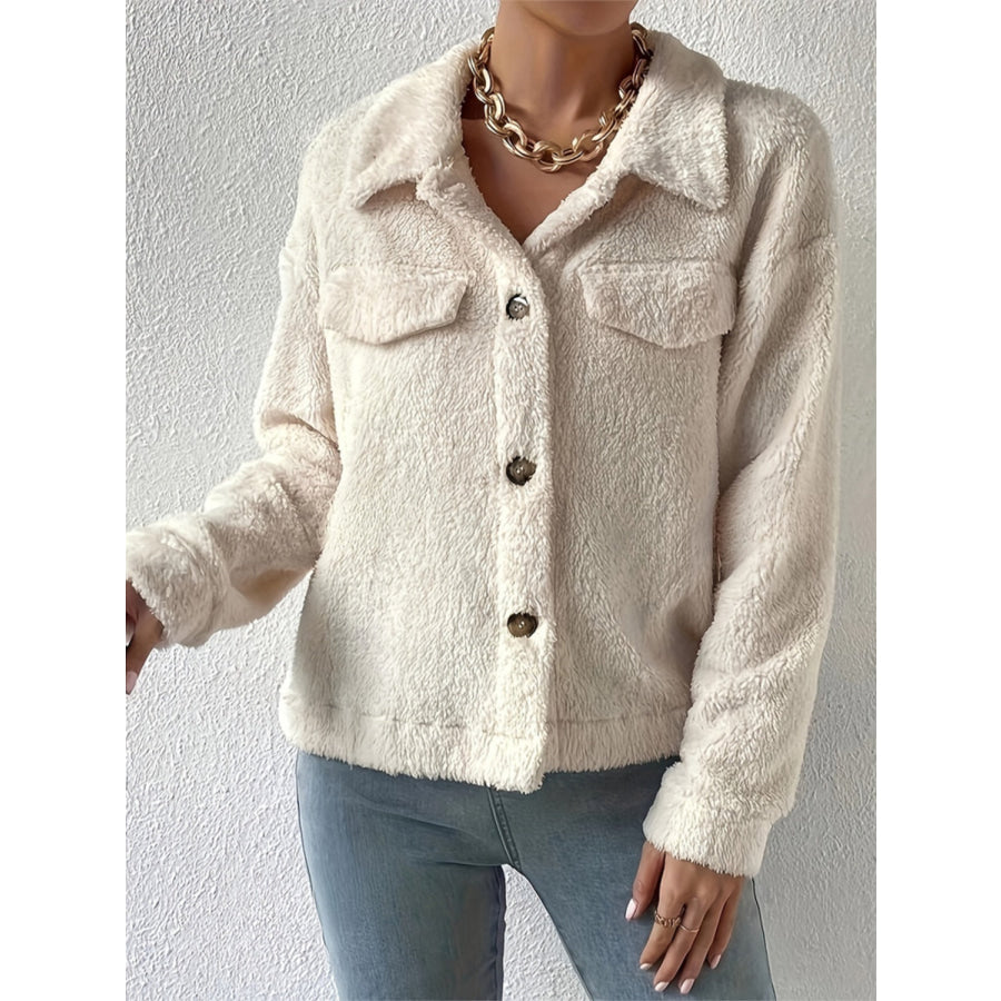 Collared Neck Button Up Jacket with Decorative Pocket Flaps Beige / S Apparel and Accessories