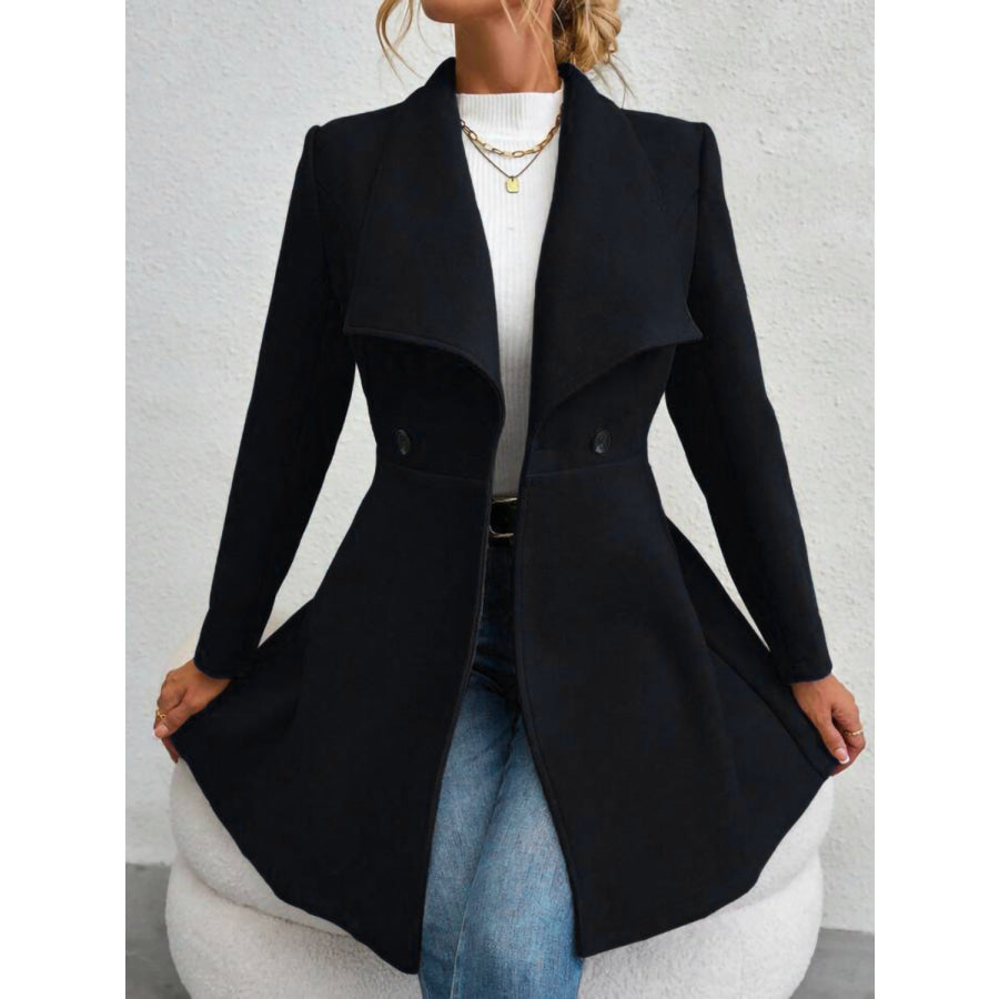 Collared Neck Button Up Long Sleeve Coat Black / S Apparel and Accessories