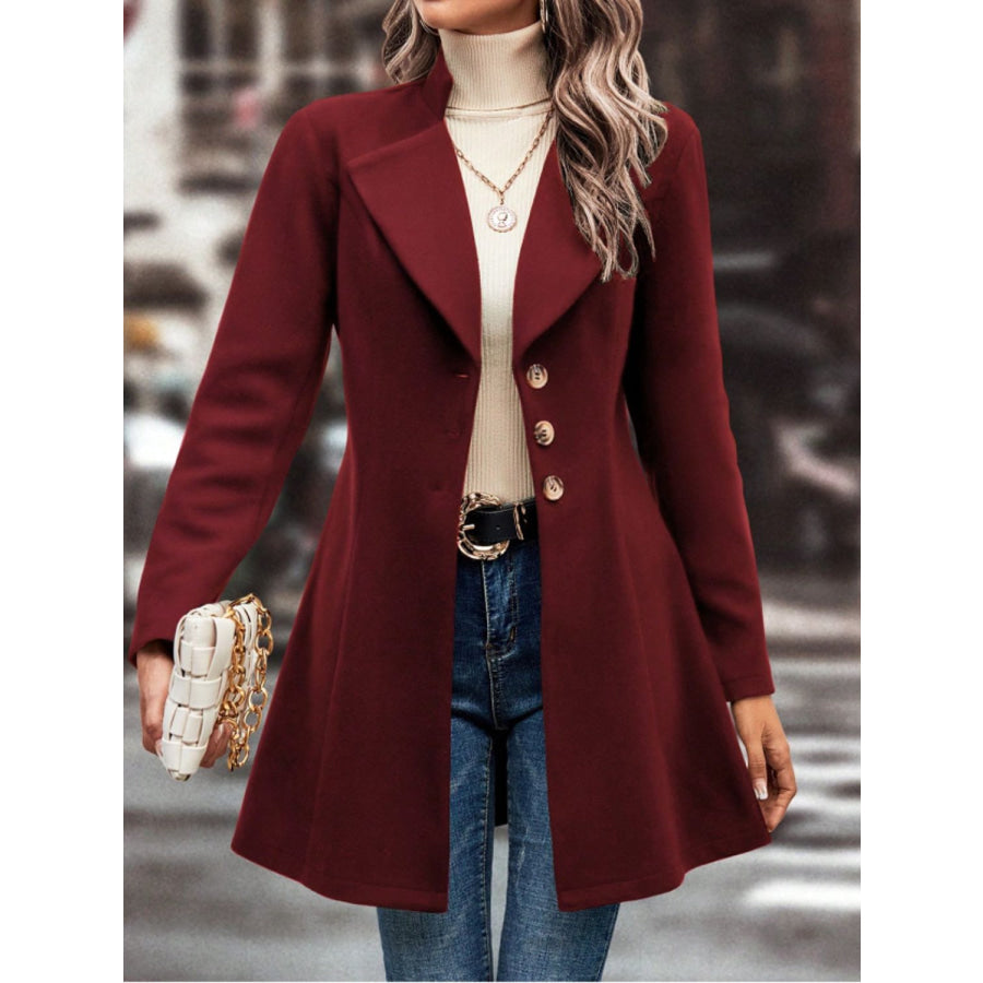 Collared Neck Button Up Long Sleeve Coat Burgundy / S Apparel and Accessories