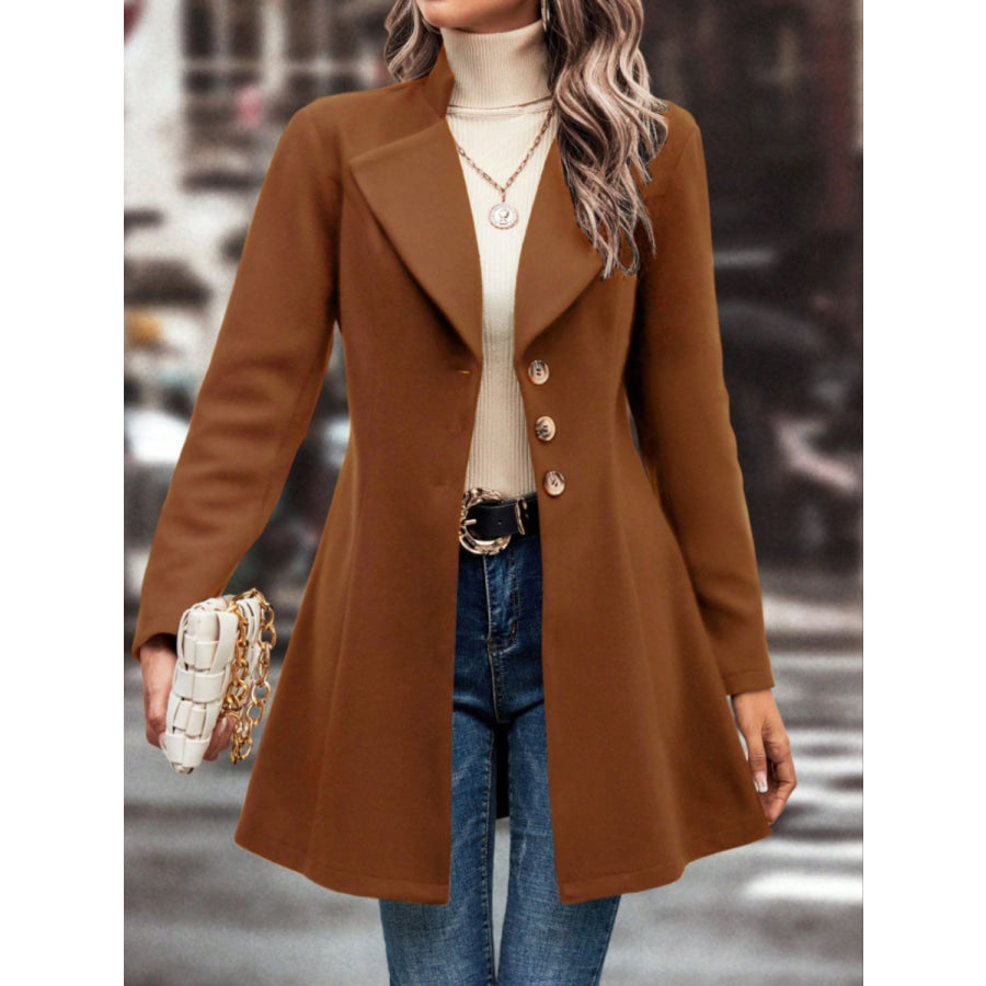 Collared Neck Button Up Long Sleeve Coat Caramel / S Apparel and Accessories