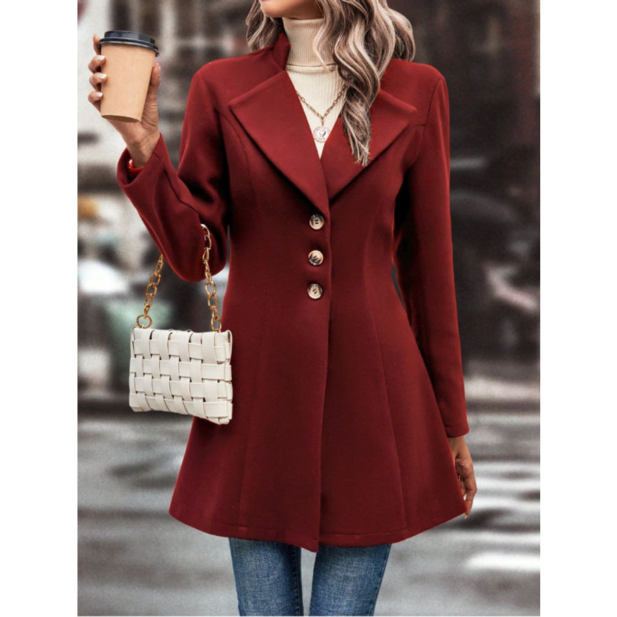 Collared Neck Button Up Long Sleeve Coat Deep Red / S Apparel and Accessories