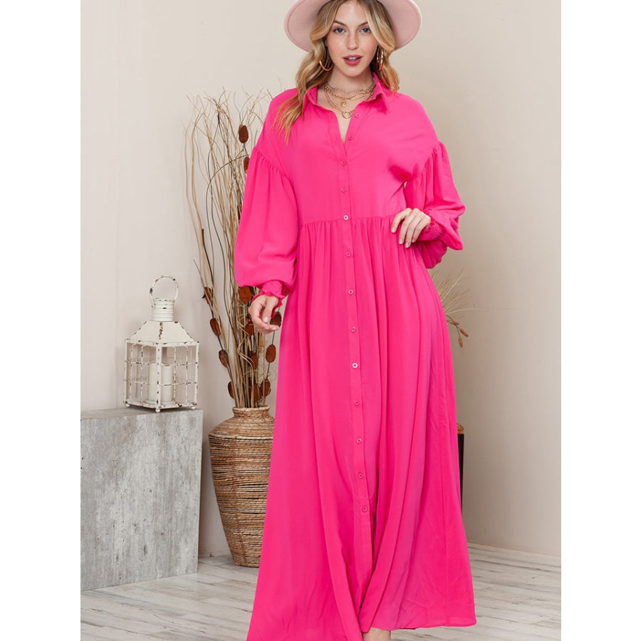 Collared Neck Button-Up Maxi Dress Hot Pink / S
