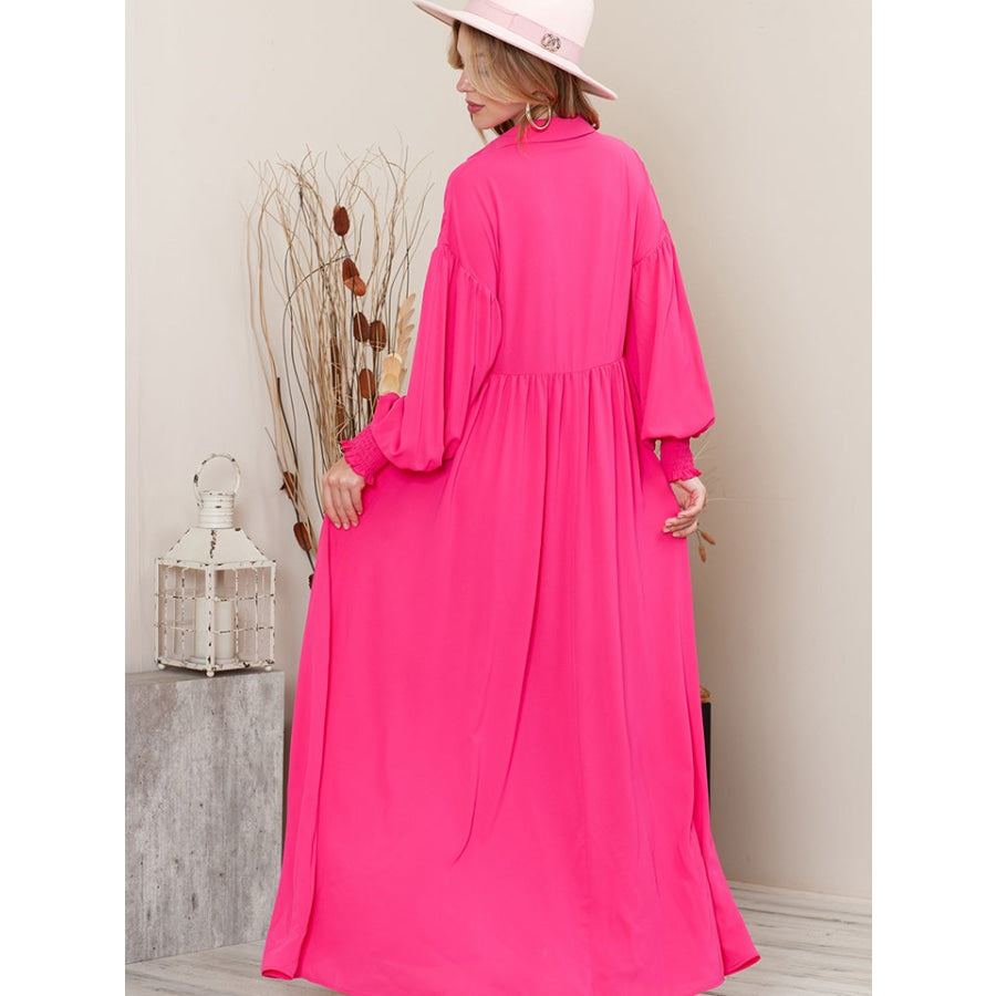 Collared Neck Button-Up Maxi Dress Hot Pink / S