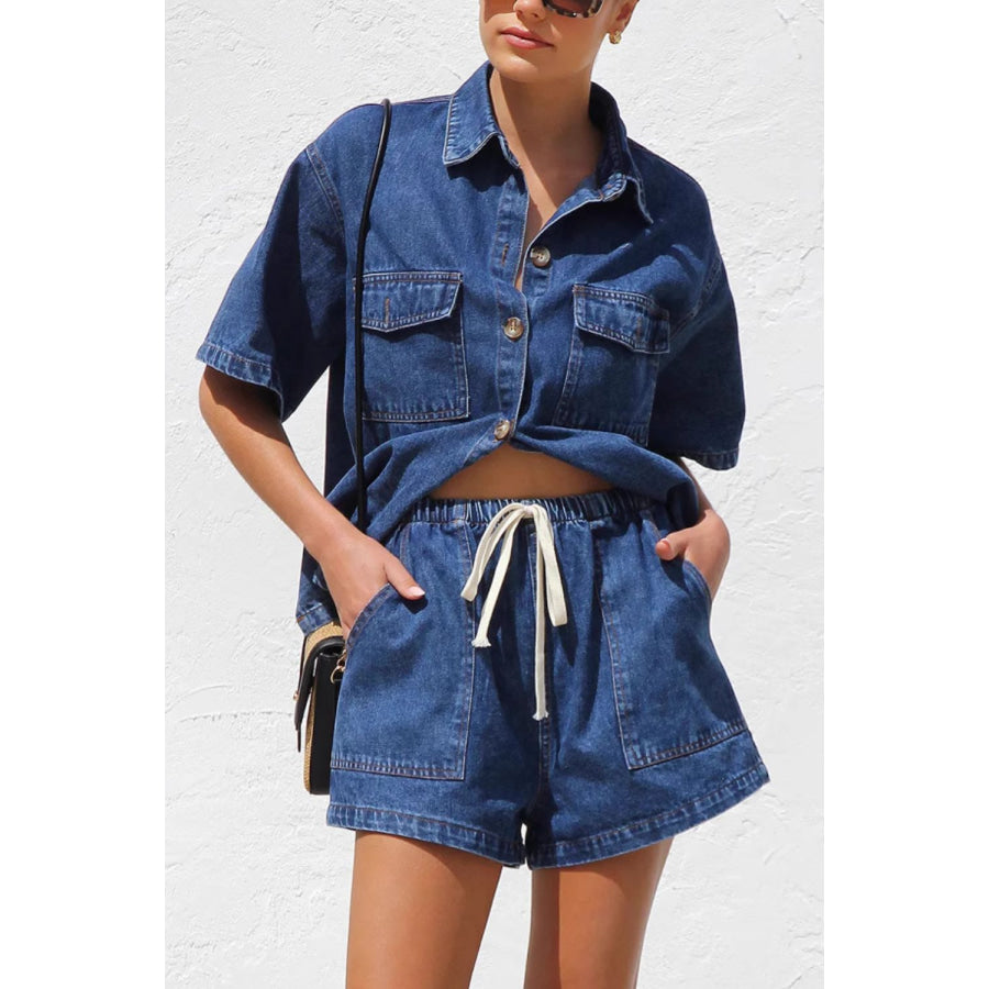 Collared Neck Button Up Top and Shorts Denim Set Apparel and Accessories