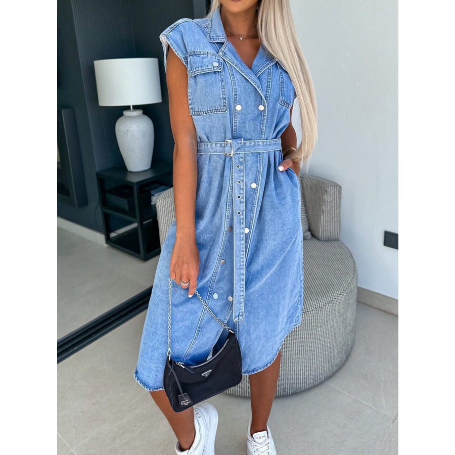 Collared Neck Cap Sleeve Denim Dress Apparel and Accessories