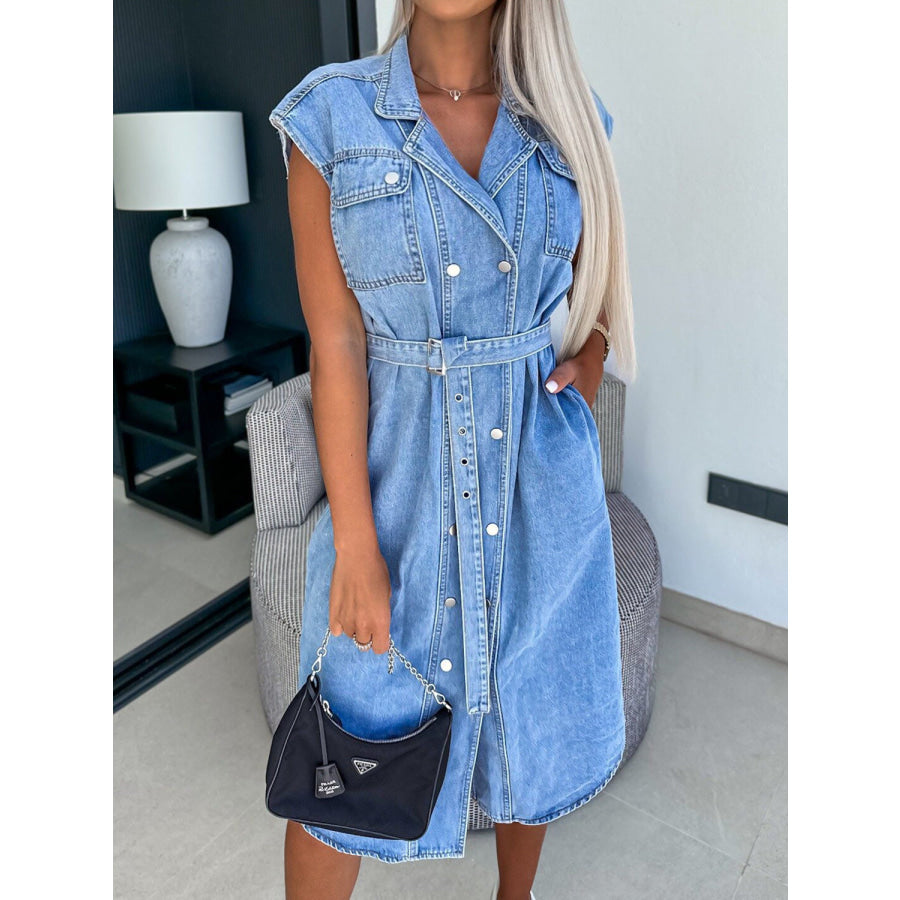 Collared Neck Cap Sleeve Denim Dress Apparel and Accessories