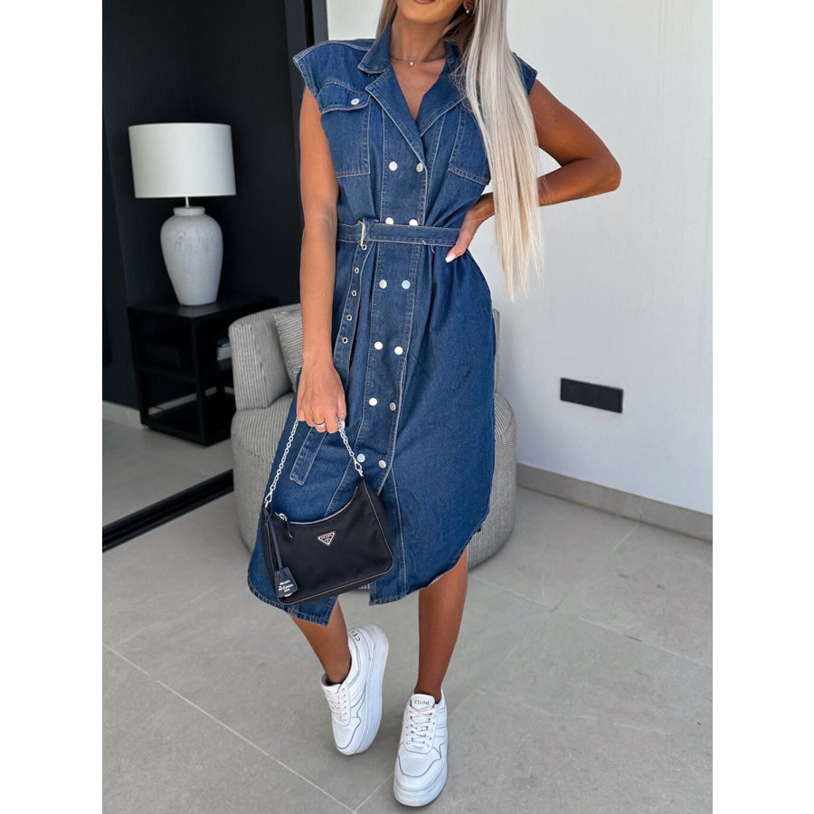 Collared Neck Cap Sleeve Denim Dress Apparel and Accessories