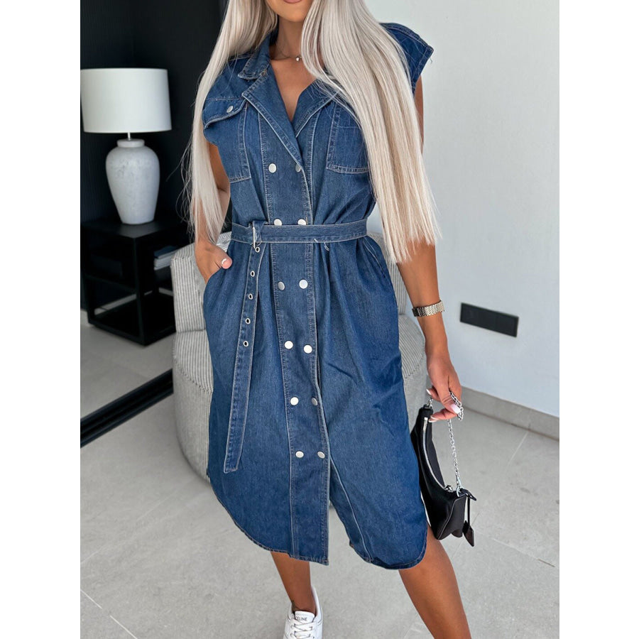 Collared Neck Cap Sleeve Denim Dress Apparel and Accessories