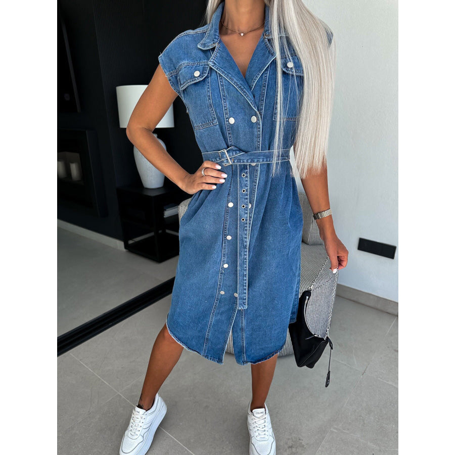 Collared Neck Cap Sleeve Denim Dress Apparel and Accessories