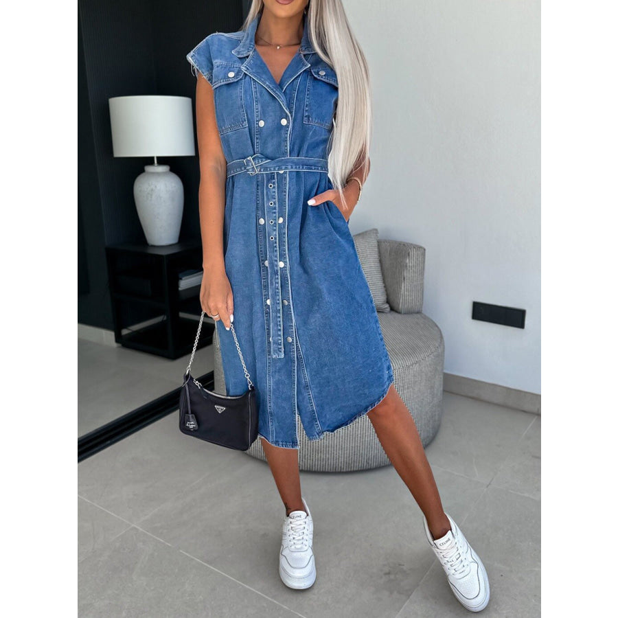 Collared Neck Cap Sleeve Denim Dress Apparel and Accessories