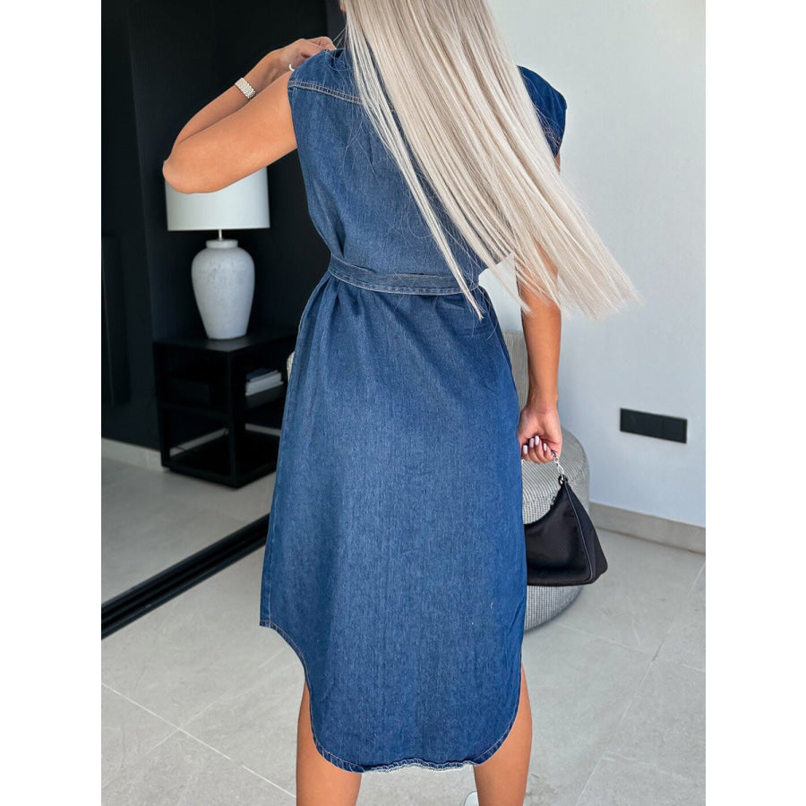 Collared Neck Cap Sleeve Denim Dress Apparel and Accessories