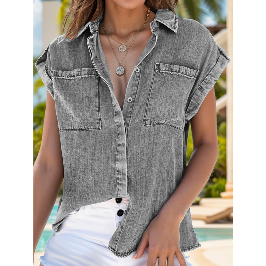 Collared Neck Cap Sleeve Denim Top Dark Gray / S Apparel and Accessories