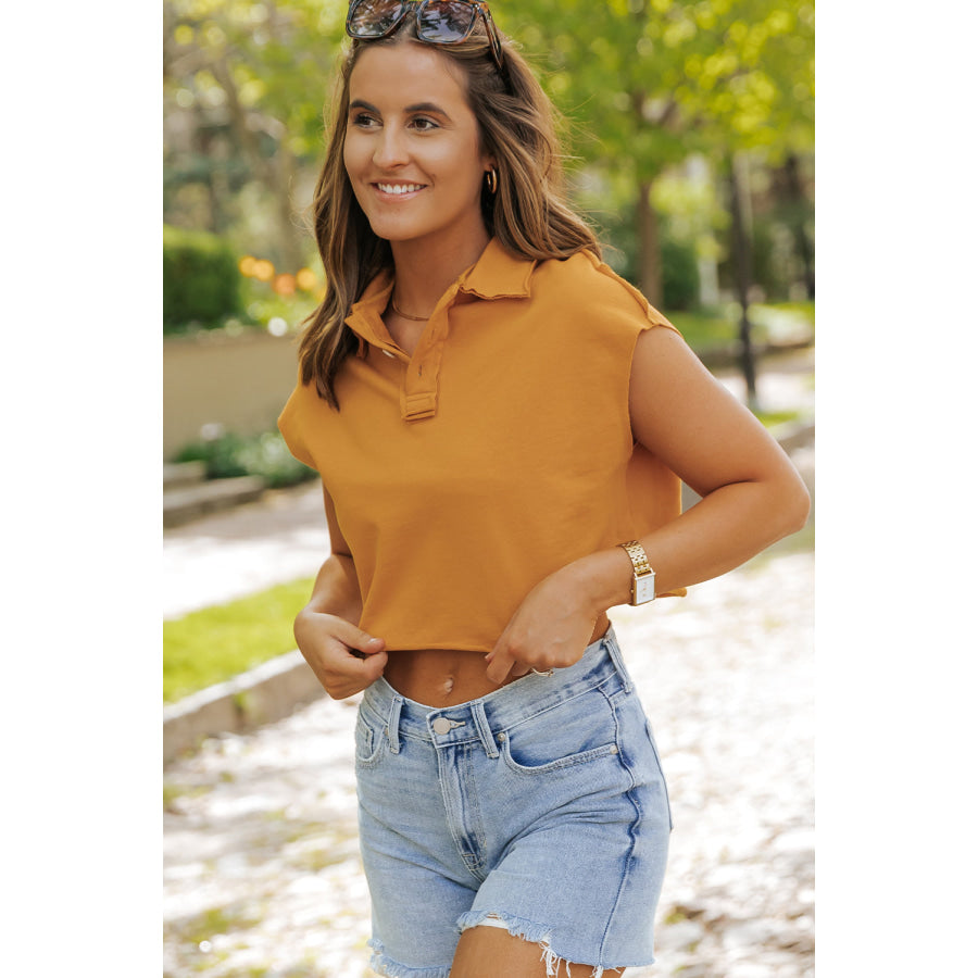 Collared Neck Cap Sleeve T-Shirt Mustard / M Apparel and Accessories