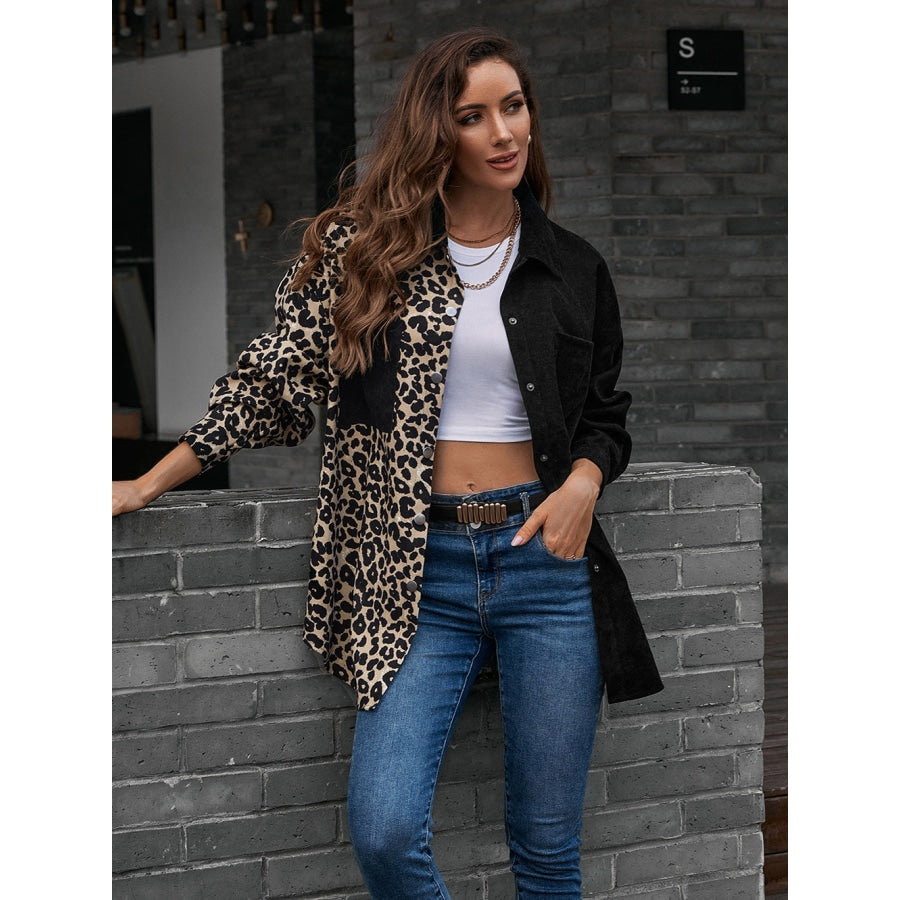 Collared Neck Contrast Color Dropped Shoulder Shirt Leopard / S