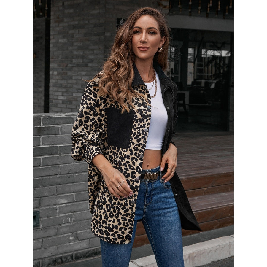 Collared Neck Contrast Color Dropped Shoulder Shirt Leopard / S