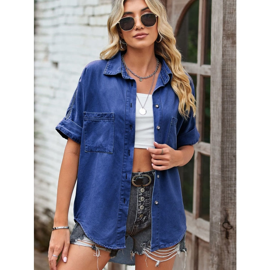 Collared Neck Denim Jacket with Pockets