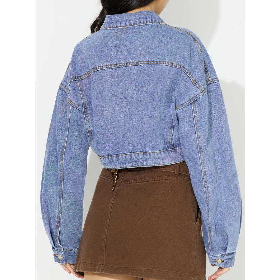 Collared Neck Dropped Shoulder Cropped Denim Top Apparel and Accessories