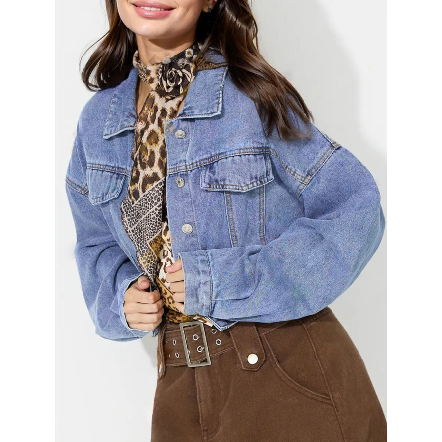 Collared Neck Dropped Shoulder Cropped Denim Top Apparel and Accessories