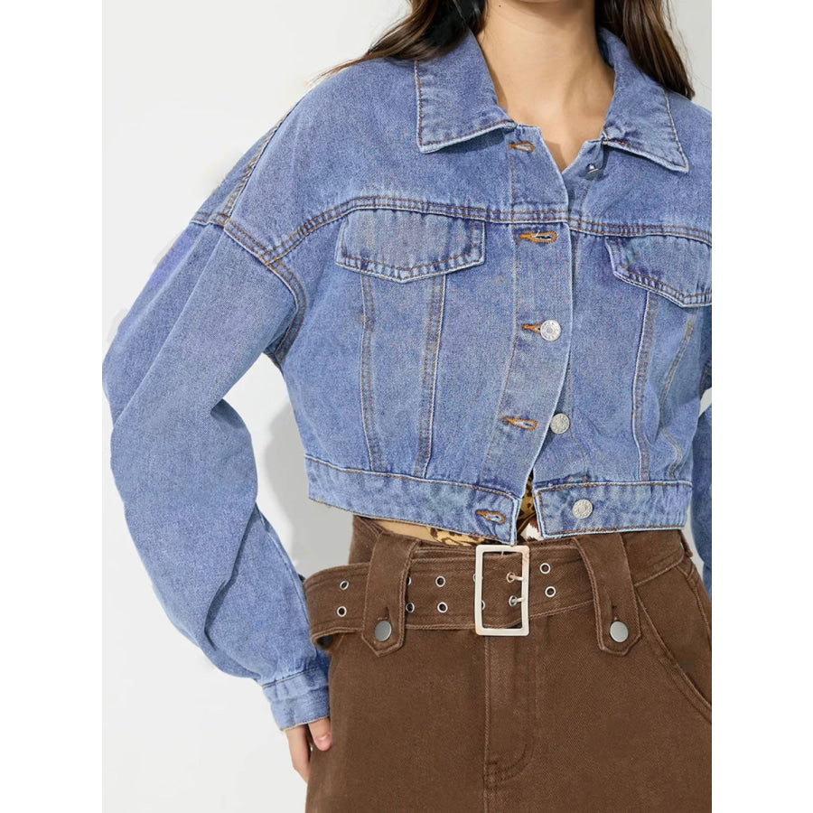 Collared Neck Dropped Shoulder Cropped Denim Top Apparel and Accessories