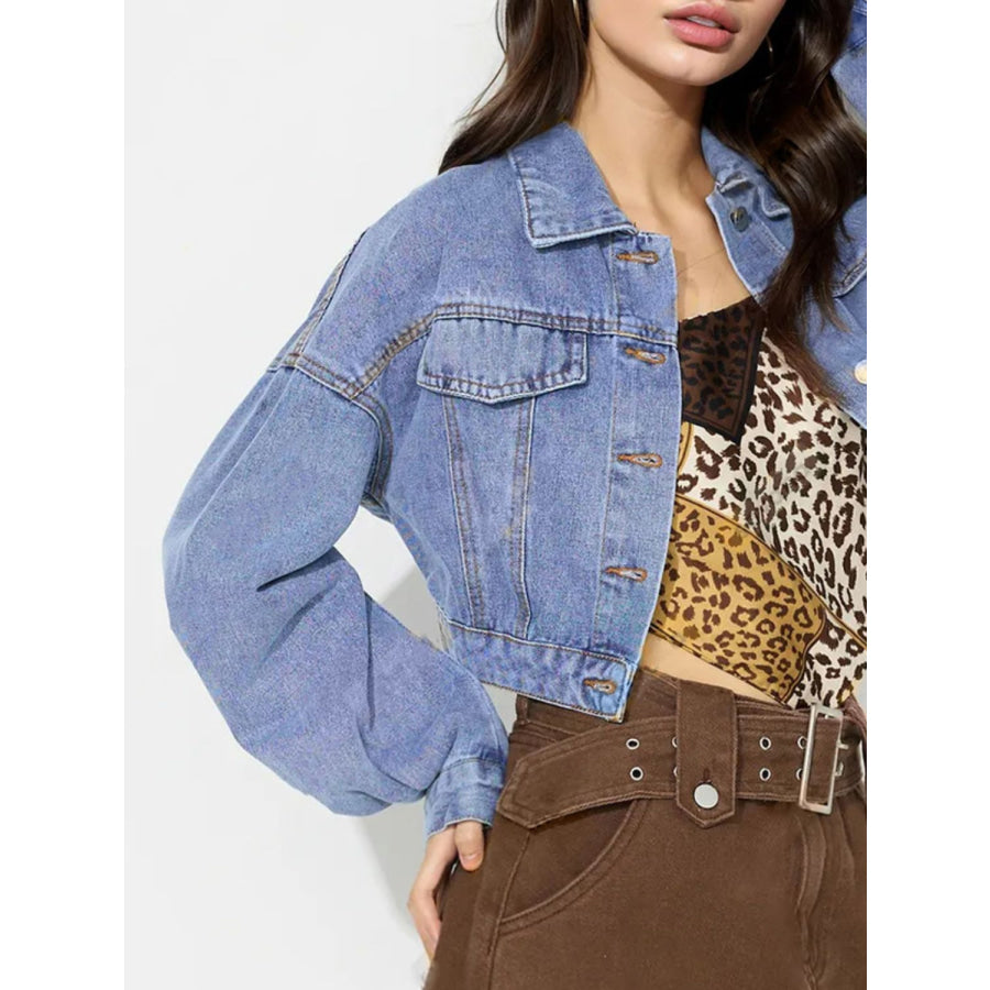 Collared Neck Dropped Shoulder Cropped Denim Top Apparel and Accessories