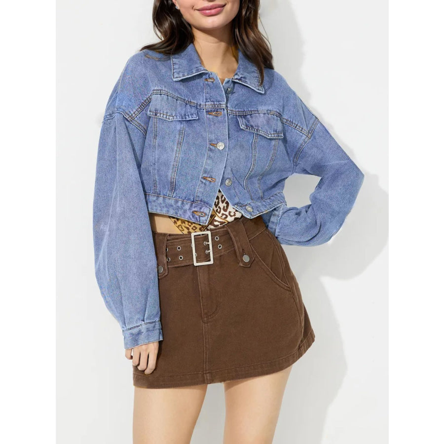 Collared Neck Dropped Shoulder Cropped Denim Top Medium / S Apparel and Accessories