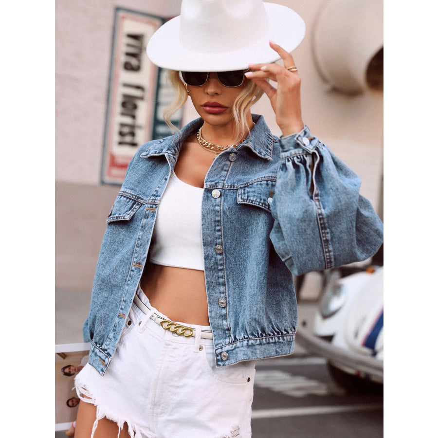 Collared Neck Dropped Shoulder Denim Top Apparel and Accessories