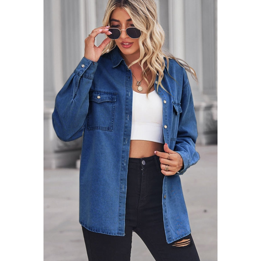 Collared Neck Dropped Shoulder Denim Top Dark / S