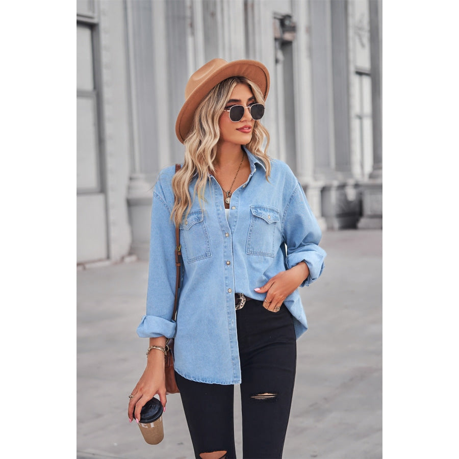 Collared Neck Dropped Shoulder Denim Top Light / S