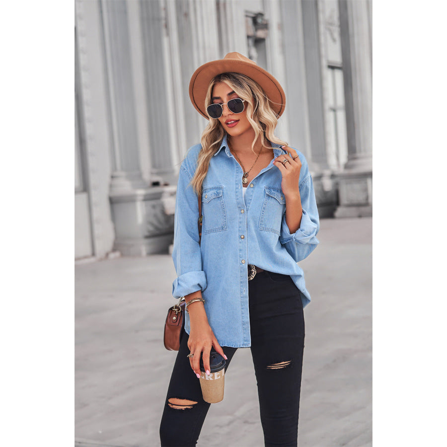 Collared Neck Dropped Shoulder Denim Top