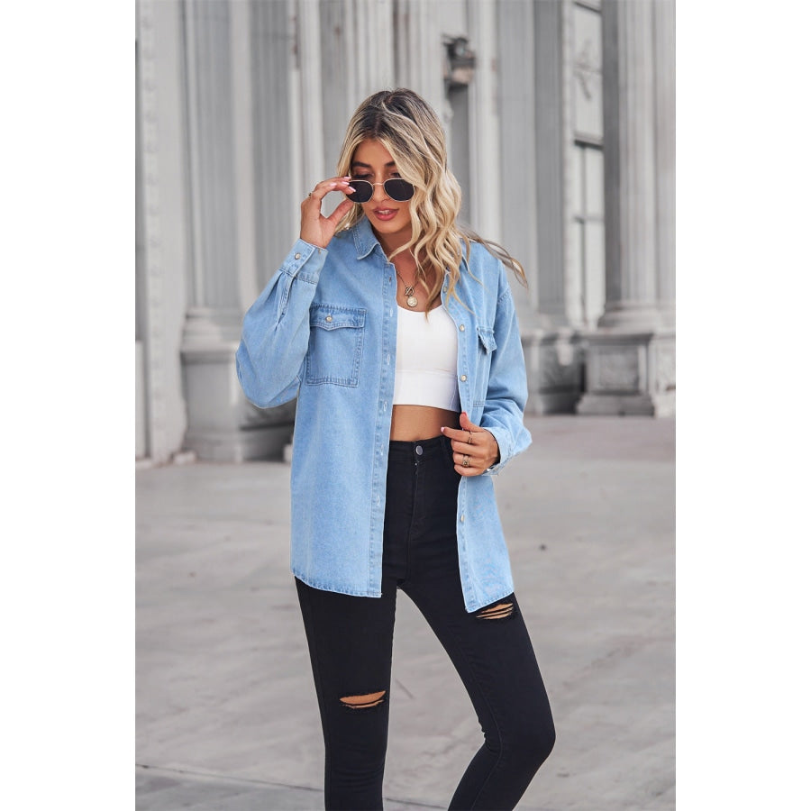 Collared Neck Dropped Shoulder Denim Top