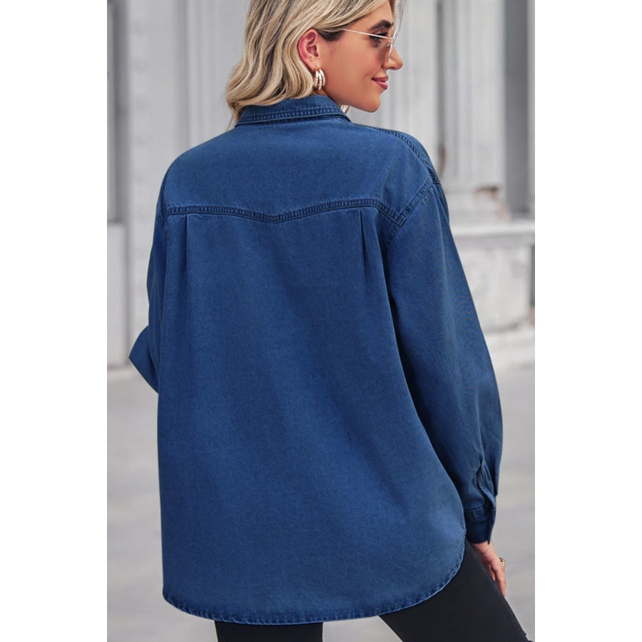 Collared Neck Dropped Shoulder Denim Top