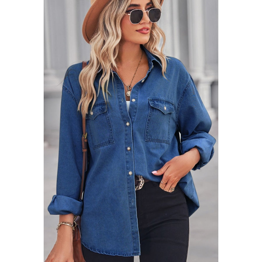 Collared Neck Dropped Shoulder Denim Top