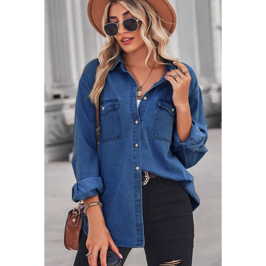 Collared Neck Dropped Shoulder Denim Top