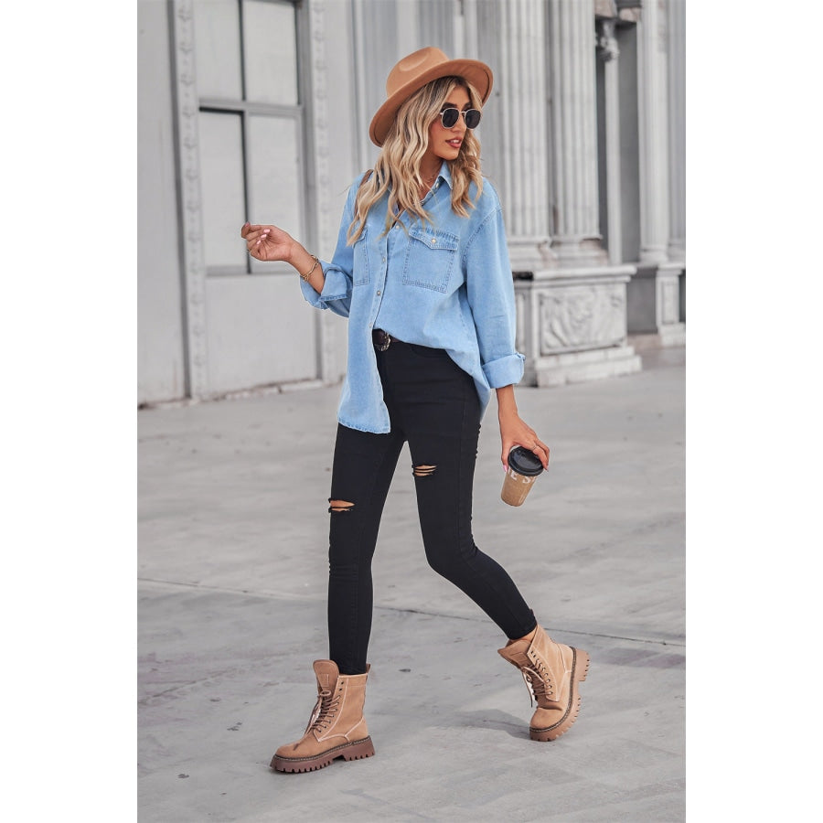 Collared Neck Dropped Shoulder Denim Top