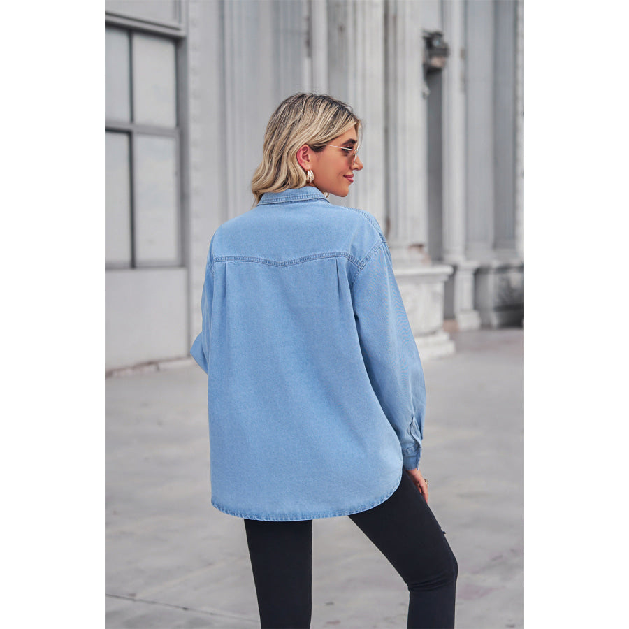 Collared Neck Dropped Shoulder Denim Top